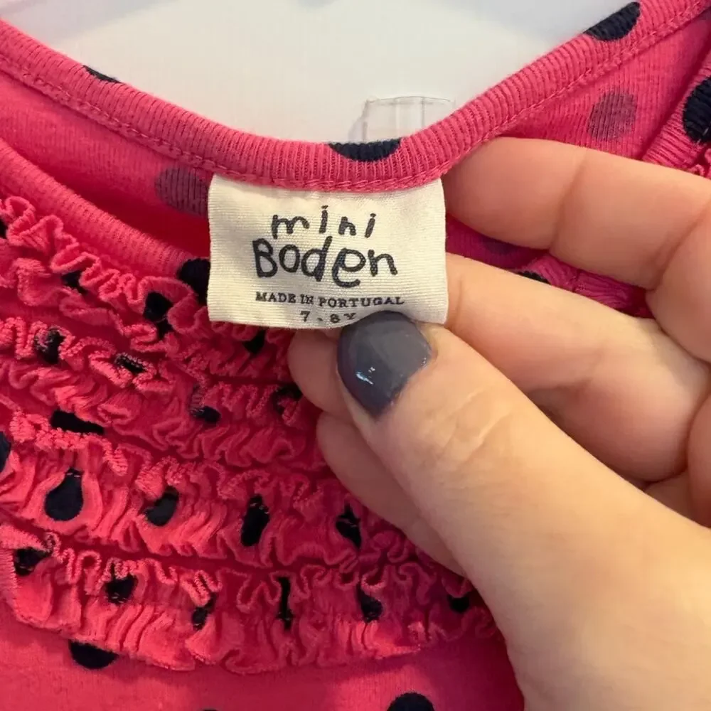 Mini Boden Size 7 - 8 Pink Dress with Blue Polka Dots Ruffle Neckline - Picture 3 of 5
